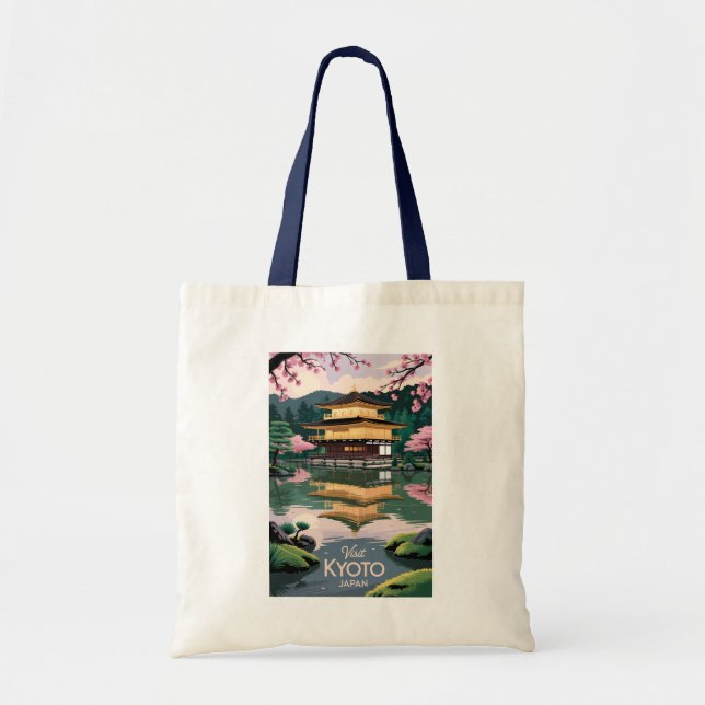 Kyoto Japan Kinkaku-ji Illustration Travel Art Vin Tote Bag (Front)