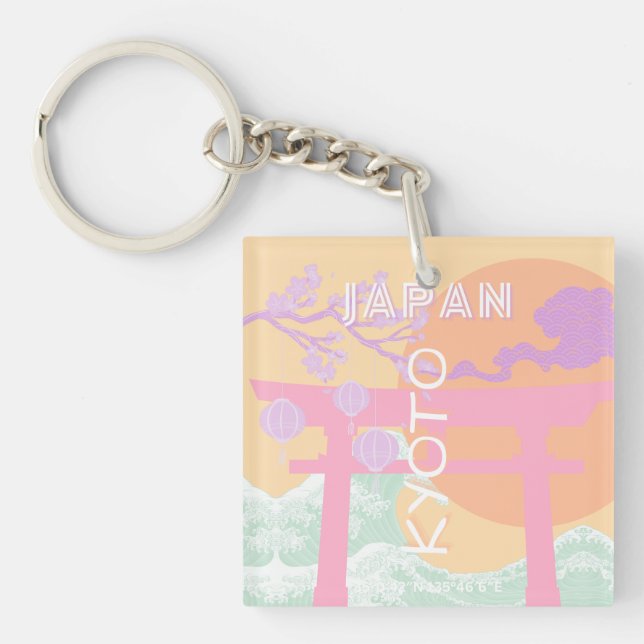 Kyoto Japan Travel Art, Orange Pastel Art  Keychain (Front)