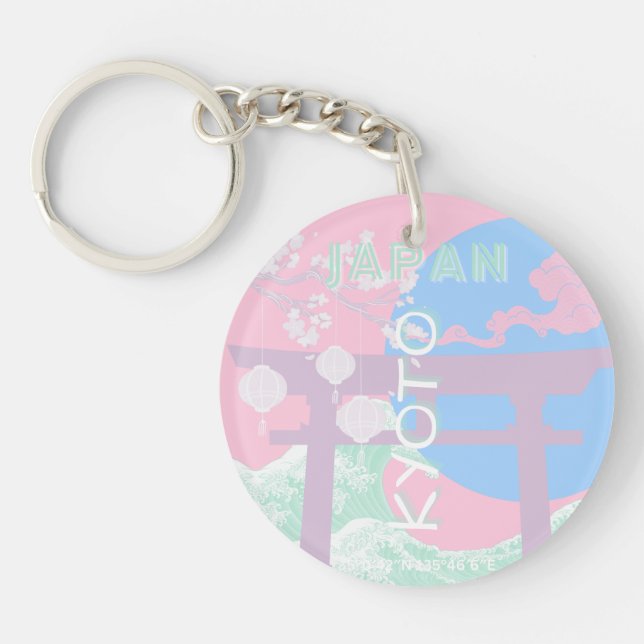 Kyoto Japan Travel Art, Pink Preppy Art Keychain (Front)
