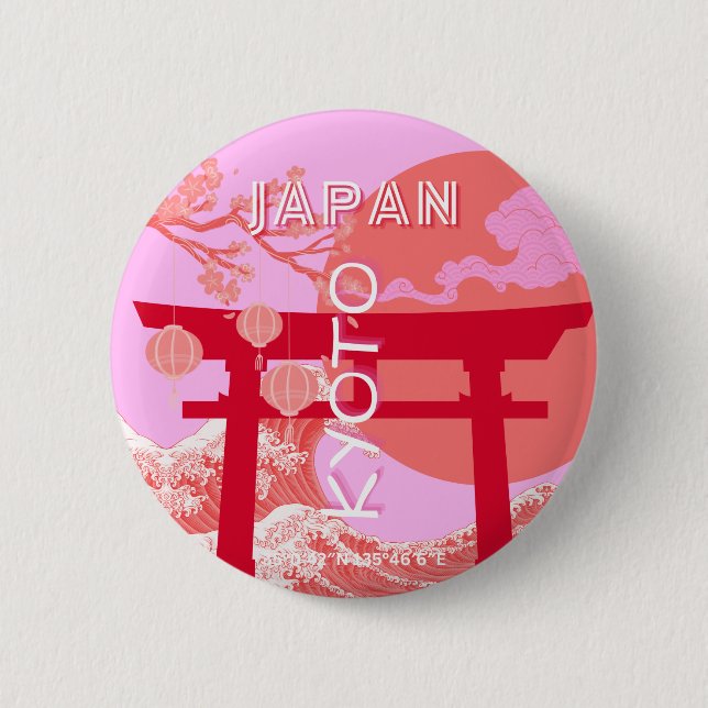 Kyoto Japan Travel Art, Pink Retro Travel Art Button (Front)
