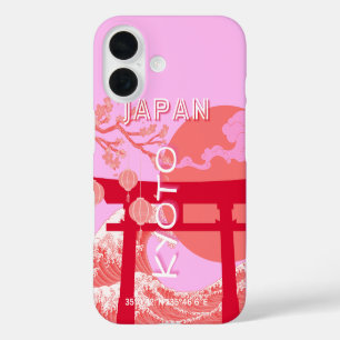 Kyoto Japan Travel Art, Pink Retro Travel Art iPhone 16 Case
