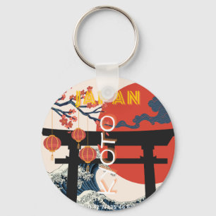 Kyoto Japan Travel Art, Retro Travel Art Keychain