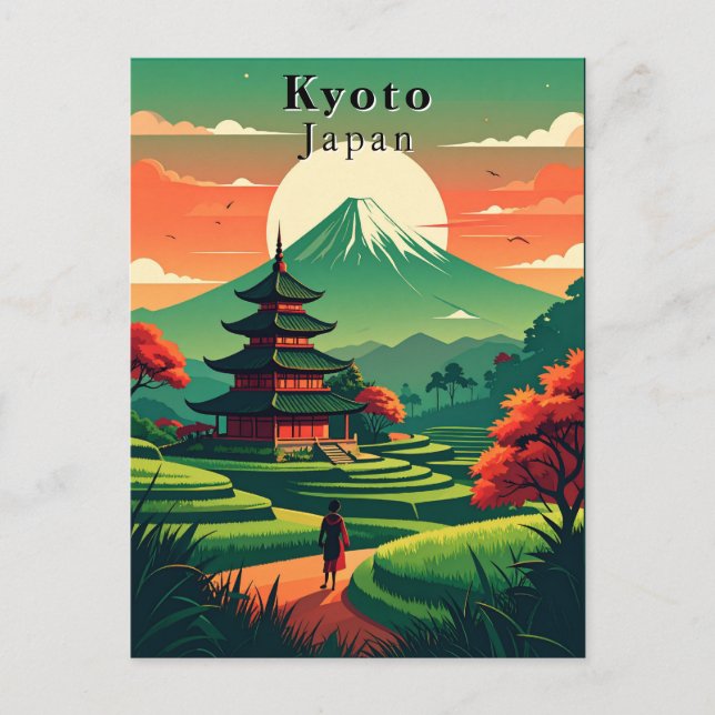Kyoto Japan Vintage Pagoda Mount Fuji Landscape Postcard (Front)