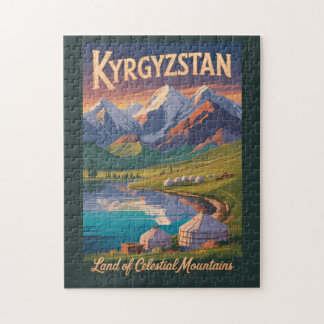 Kyrgyzstan Mountains Illustration Travel Art Vinta Jigsaw Puzzle
