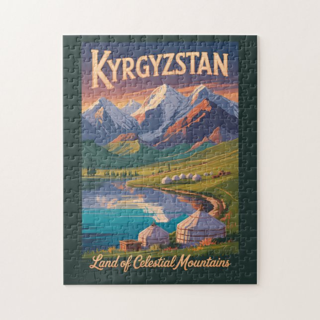 Kyrgyzstan Mountains Illustration Travel Art Vinta Jigsaw Puzzle (Vertical)