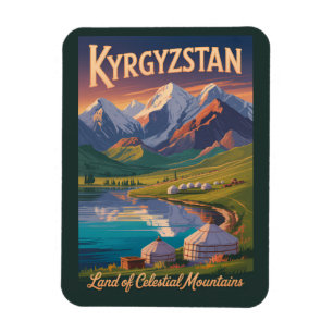 Kyrgyzstan Mountains Illustration Travel Art Vinta Magnet