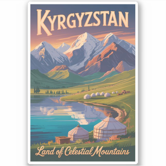 Kyrgyzstan Mountains Illustration Travel Art Vinta Sticker (Front)