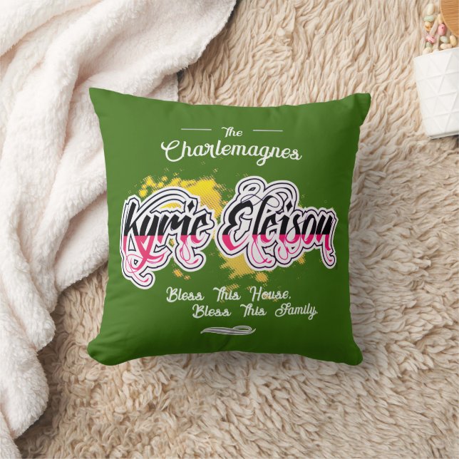 KYRIE ELEISON | Bless This House and Family GREEN Throw Pillow (Blanket)