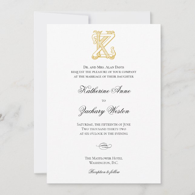KZ or ZK Monogram Vintage Wedding Invitations (Front)