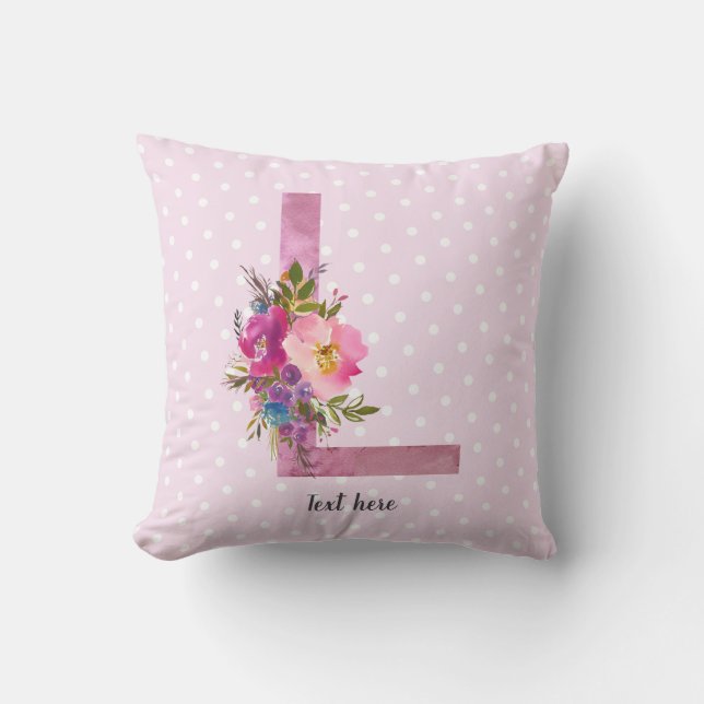 L, Floral Monogram initial , watercolor flower Throw Pillow (Front)