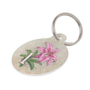 L for Lily Flower Alphabet Monogram Pet Name Tag