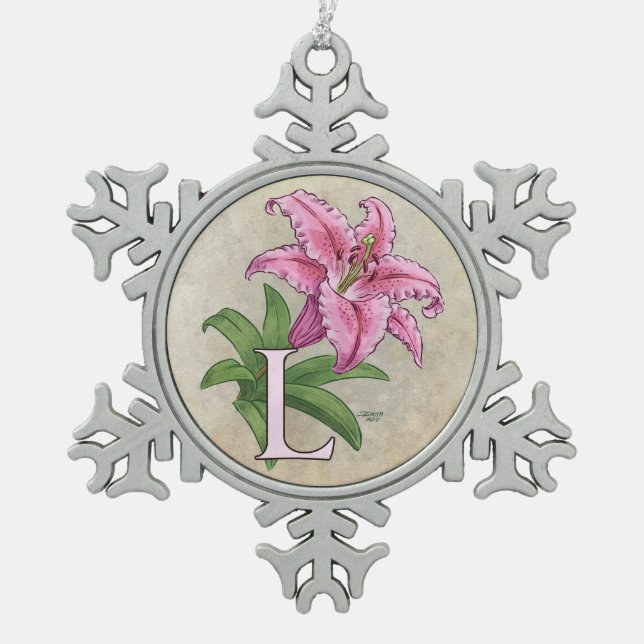 L for Lily Flower Alphabet Monogram Snowflake Pewter Christmas Ornament (Front)
