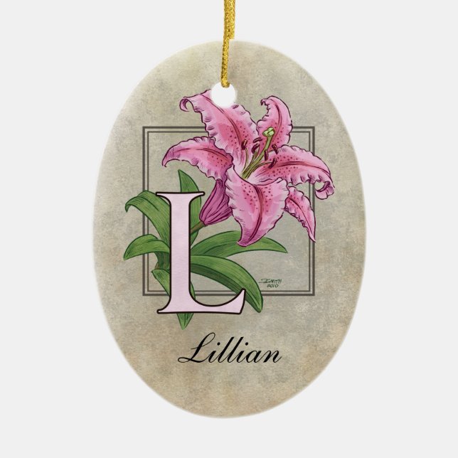 L for Lily Flower Monogram Ceramic Ornament (Front)