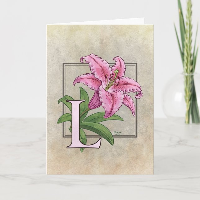 L for Lily Flower Monogram Note Card (Front)
