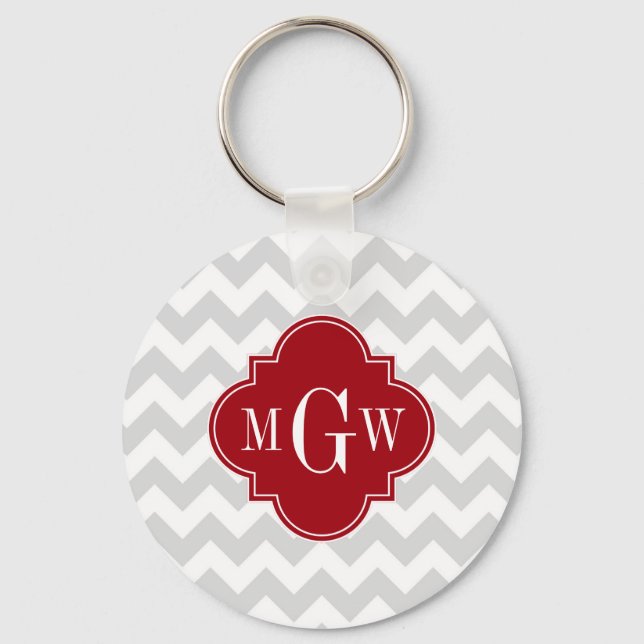 L Gray Wht Chevron Cranberry Quatrefoil 3 Monogram Keychain (Front)