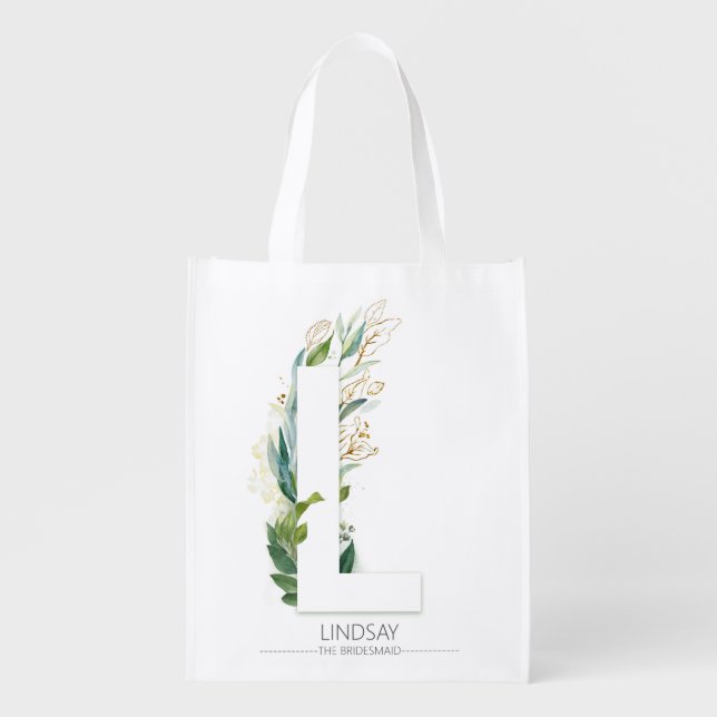 L Letter Monogram Elegant Gold Greenery Foliage Grocery Bag (Front)