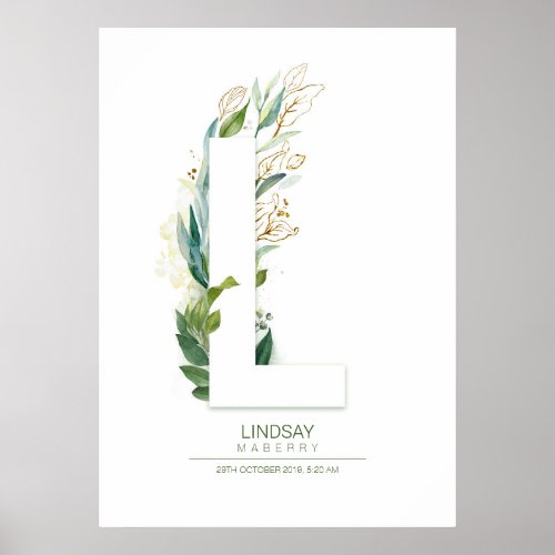 L Letter Monogram Gold Greenery Foliage Chic Poster
