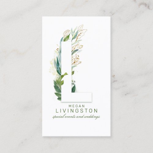 L Letter Monogram Gold Greenery Leaves Elegant Business Card