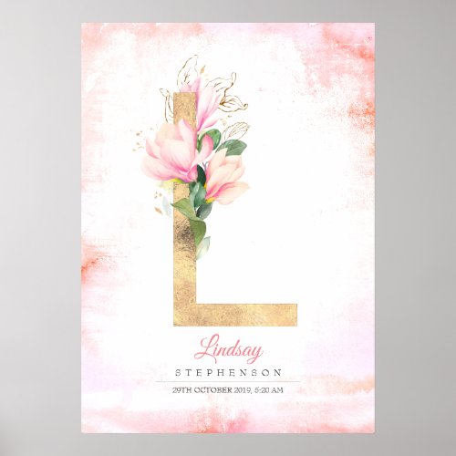 L Letter Monogram Gold Leaves Pink Magnolia Floral Poster
