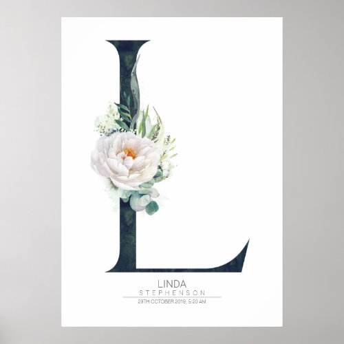 L Letter Monogram White Flowers and Greenery Poster