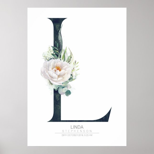 L Letter Monogram White Flowers and Greenery Poster (Front)