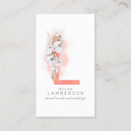L Letter Monogram White Orchids and Pampas Grass Business Card