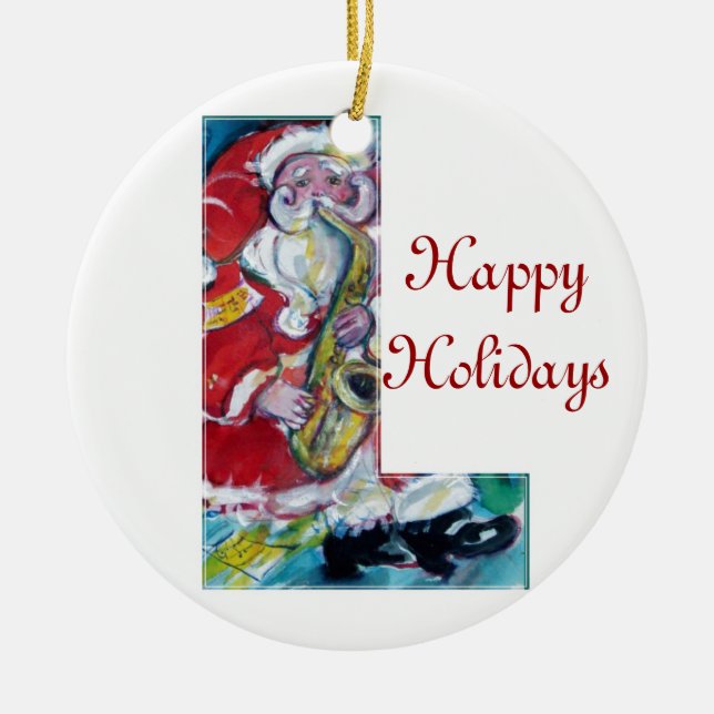 L LETTER /SANTA AND SAX, CHRISTMAS PARTY MONOGRAM CERAMIC ORNAMENT (Front)