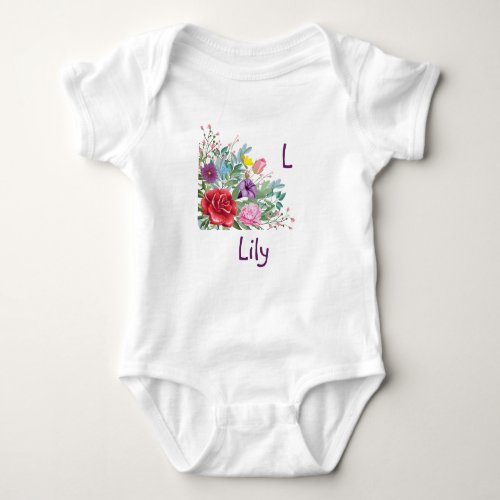 L Lily Personalize Letter Name Rose Flowers Baby Bodysuit