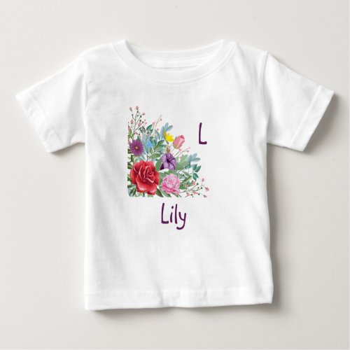 L Lily Personalize Letter Name Rose Flowers Baby T_Shirt