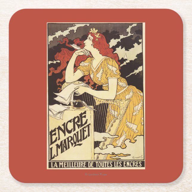 L. Marquet Ink Red-Headed Woman & Harp Square Paper Coaster (Front)