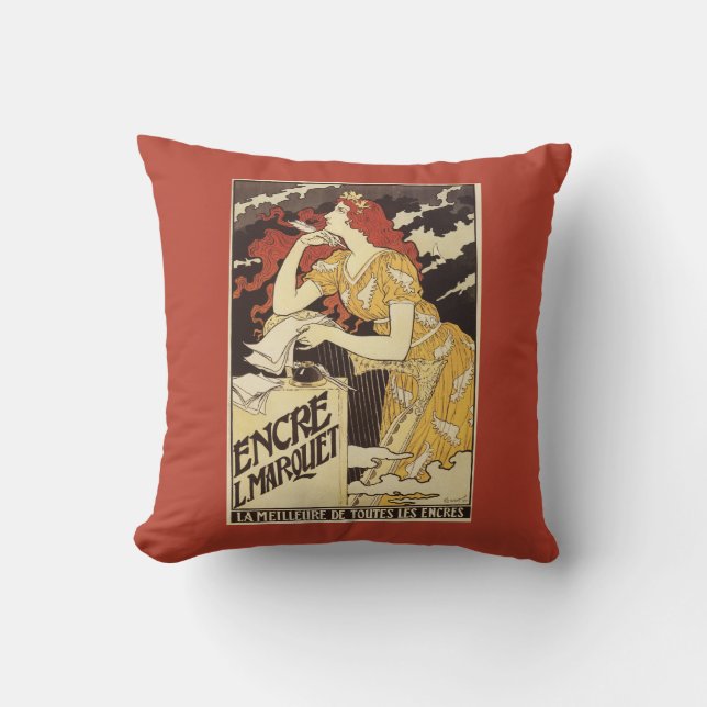 L. Marquet Ink Red-Headed Woman & Harp Throw Pillow (Front)