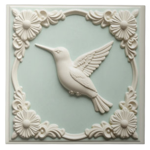 L Mint green faux relief Art Nouveau Hummingbird Ceramic Tile