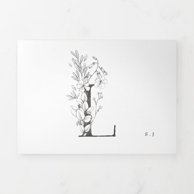 'L' Monogram Beautiful Sketched Floral Wedding Tri-Fold Invitation (Cover)