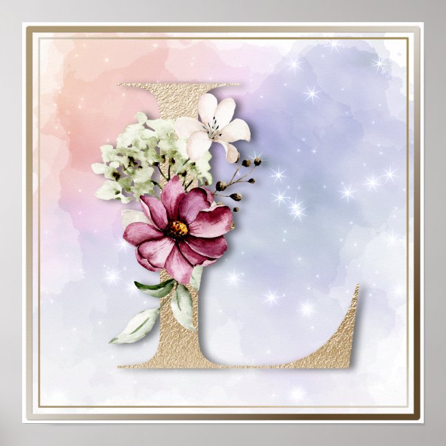 L Monogram Burgundy Floral Poster (Front)