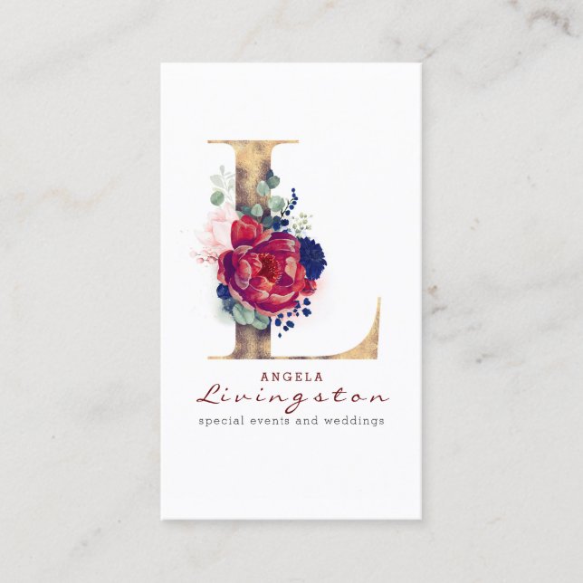 L Monogram Burgundy Gold and Navy Blue Floral Business Card (Front)