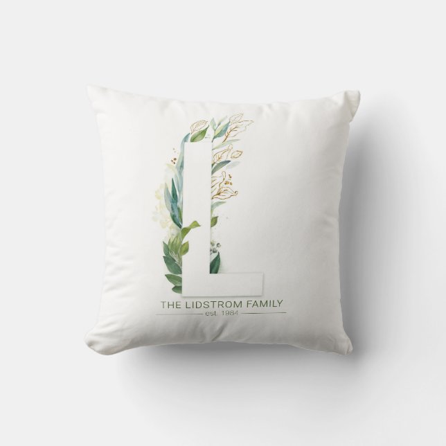L Monogram Elegant Gold Greenery Family Name Throw Pillow (Front)