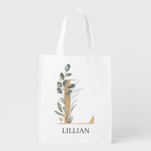 L Monogram Floral Personalized Grocery Bag