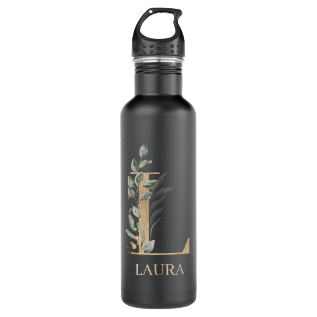 L Monogram Floral Personalized Stainless Steel Water Bottle (Front)