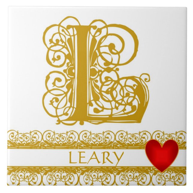 L Monogram Name Gold Lace Red Heart Template Tile (Front)