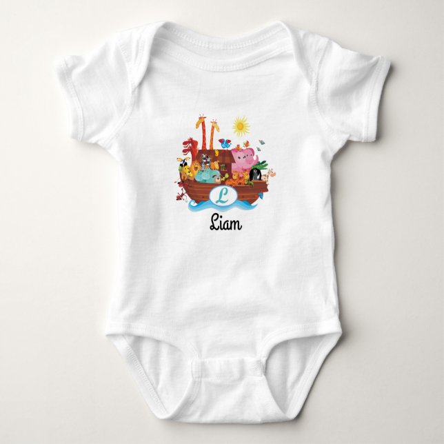 L Monogram Noah's Ark Personalized Baby T-shirt Bodysuit (Front)
