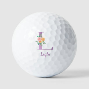 L Monogram Purple Floral Watercolor Personalized Golf Balls