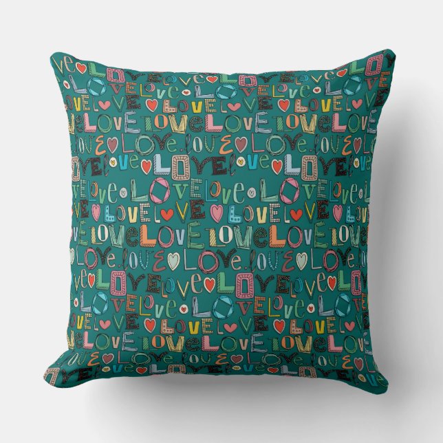 l o v e LOVE teal Throw Pillow (Front)