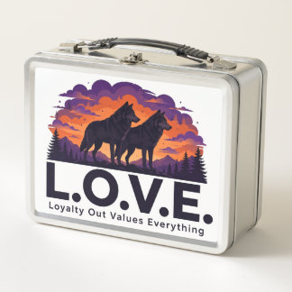 L.O.V.E. Two Wolves At Dusk Loyalty Out Values Eve Metal Lunch Box