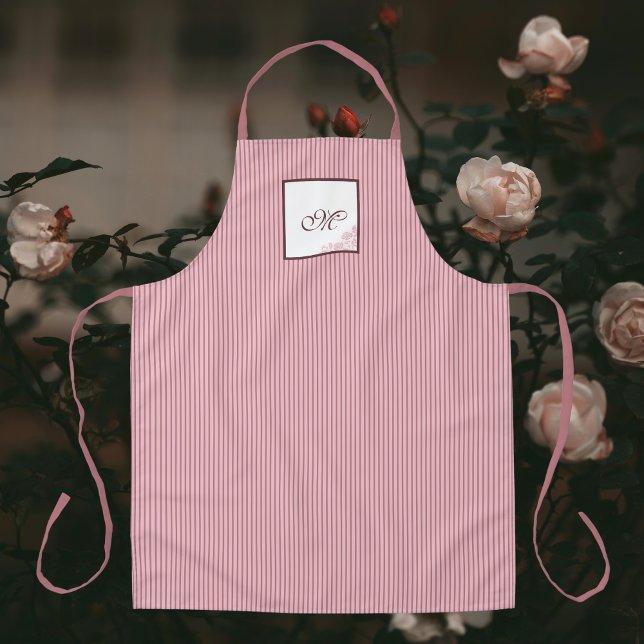 L Pink Stripe Rose Pattern Initial Script Monogram Apron (Creator Uploaded)