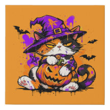 L&S Grumpy Witch Cat Halloween Canvas Wall Art