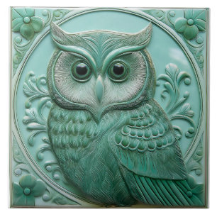 L Sage green faux relief Art Nouveau Owl Ceramic Tile