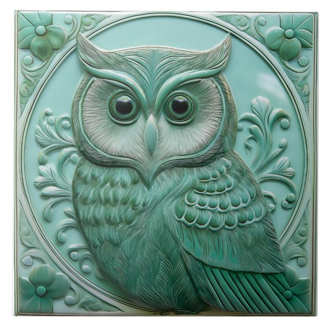 L Sage green faux relief Art Nouveau Owl Ceramic Tile (Front)