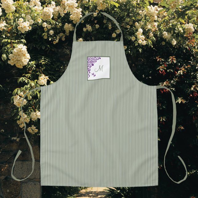 L Sage Green Stripe Purple Floral Script Monogram Apron (Creator Uploaded)