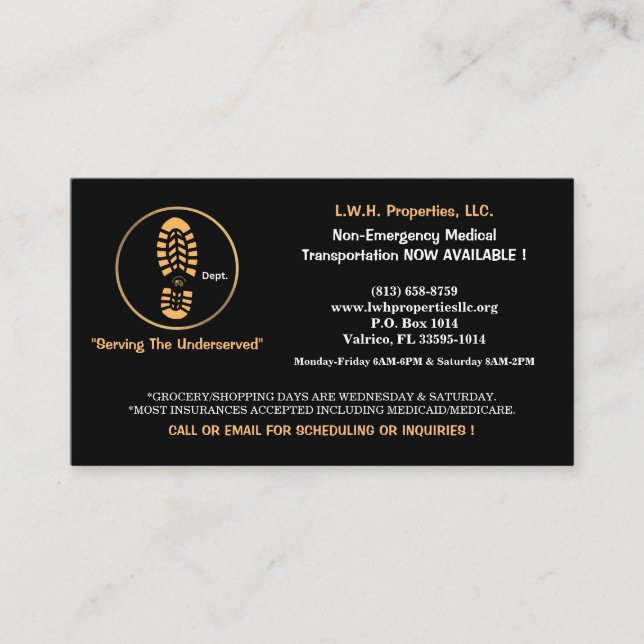 L.W.H. Properties, LLC calling business card (Front)