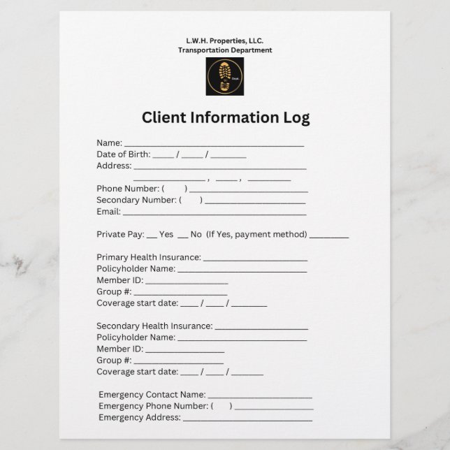 L.W.H. Properties, LLC. Client Info Log Flyer (Front)